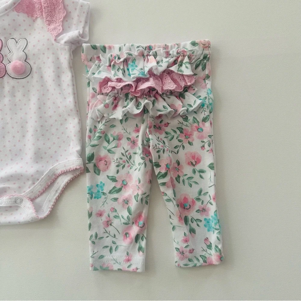 Baby Essentials 3 Months Girl Easter Bunny Tail Floral Bodysuit Pant Set Outfit - Picture 2 of 6